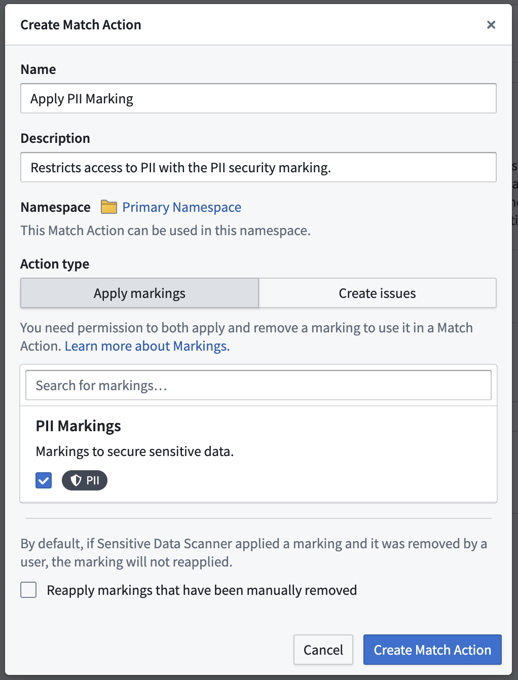 Create match action prompt.