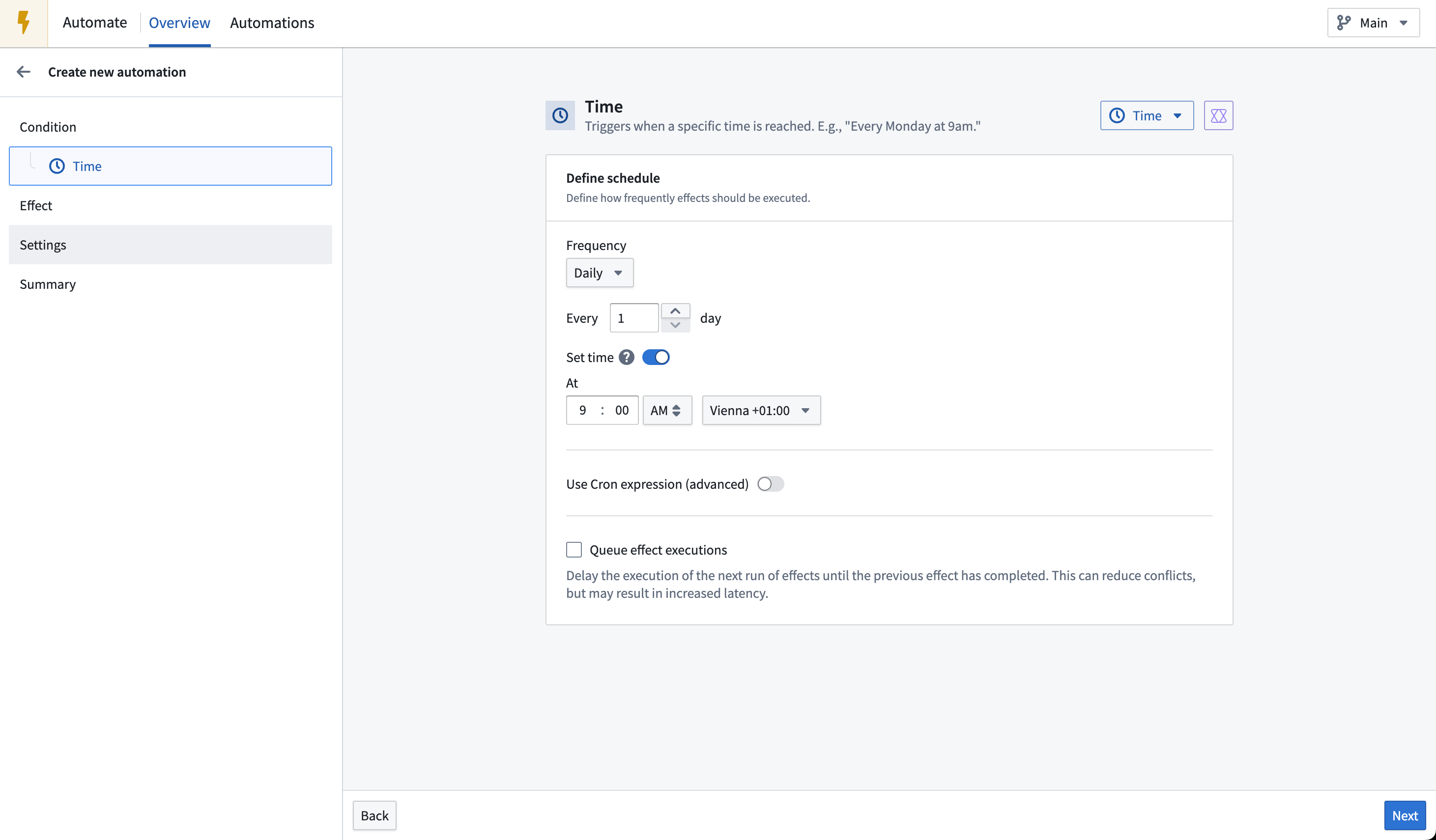 Configuring a time condition for a new automation.