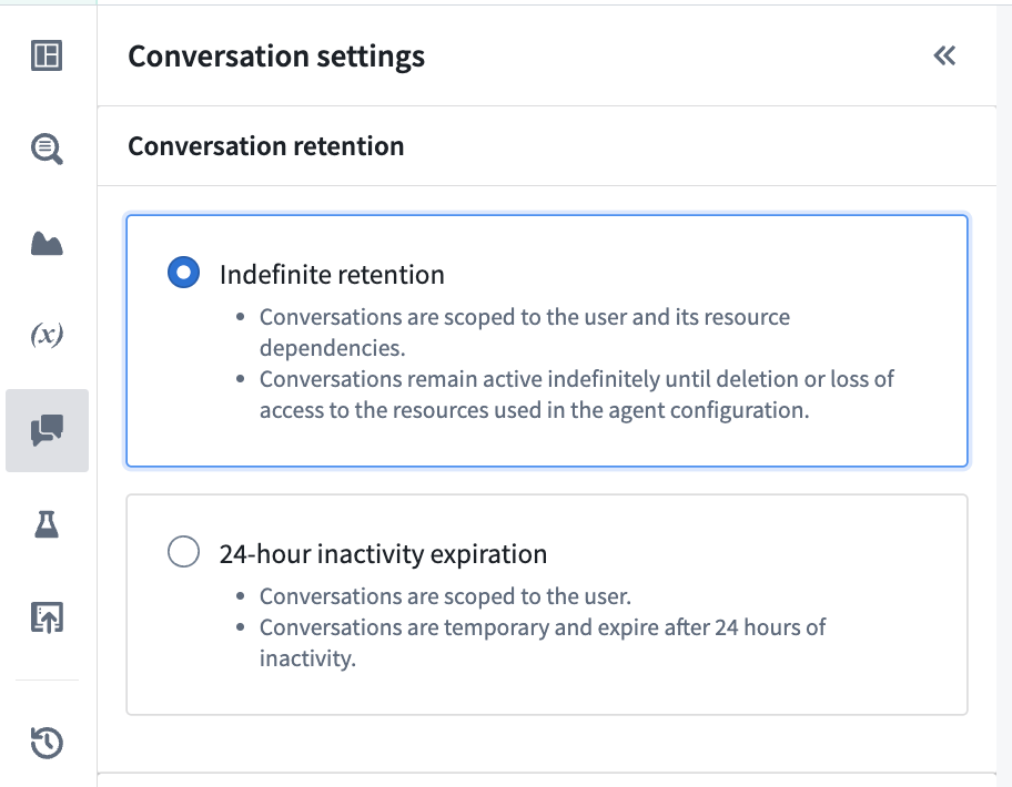 AIP Agent Studio conversation retention settings.