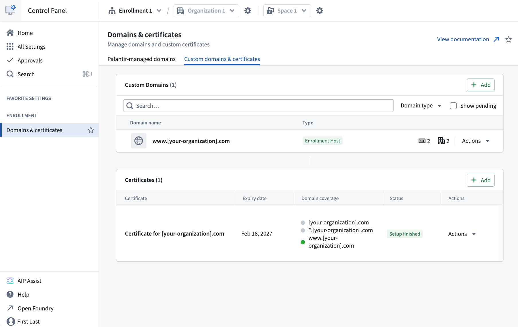 Domains and certificates settings.