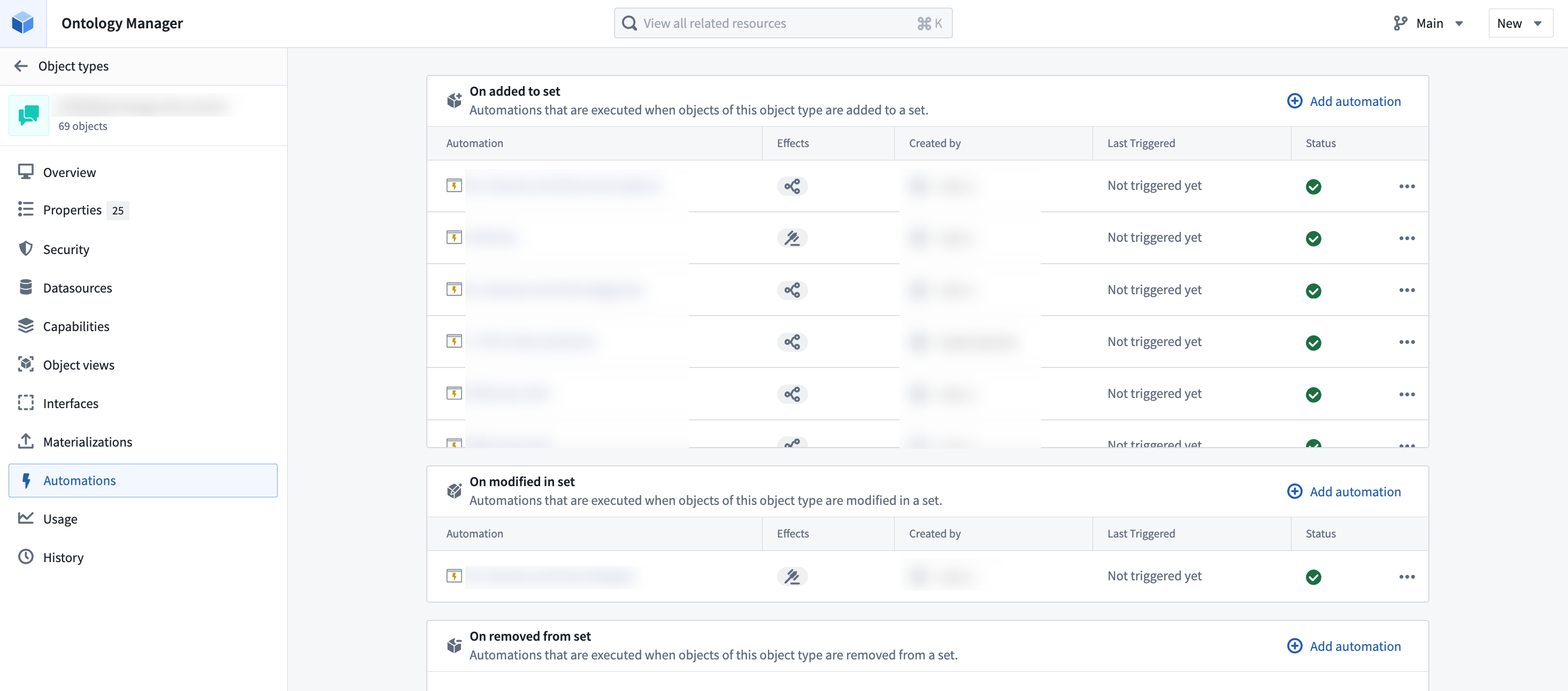 Automation integrations for object types in Ontology Manager.