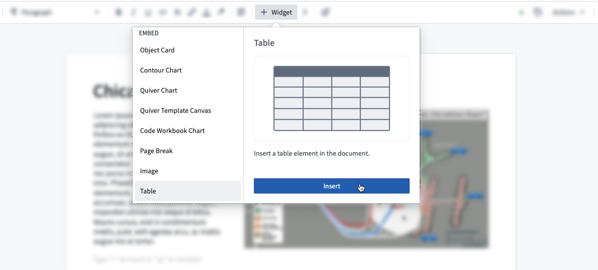 Add a table to a Notepad document through the widget insertion menu.