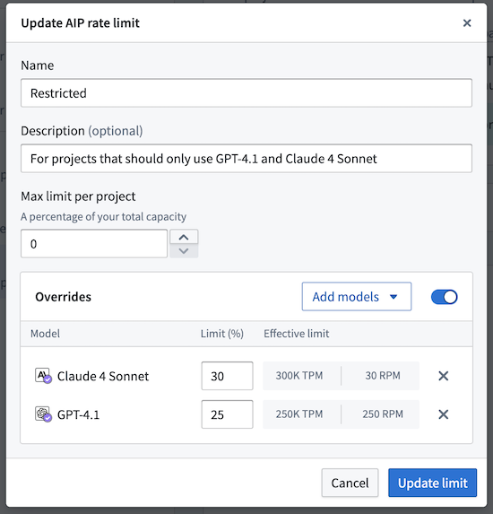 An example of an LLM rate limit override configuration for a project limit using Claude 4 Sonnet and GPT-4.1 models.