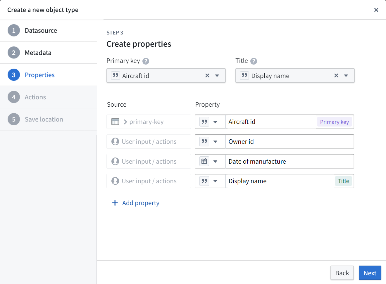 New object type properties step
