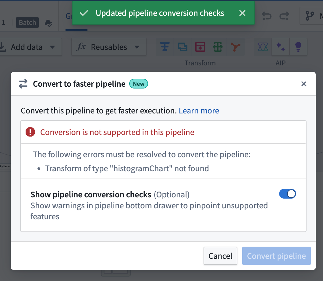 The dialog shows the show pipeline conversion checks toggled on.