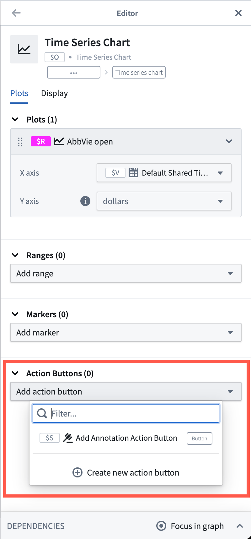 The time series chart editor showing the select Ontology action button dropdown menu with existing buttons to select from.