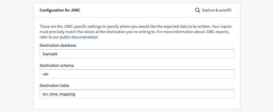 A zoomed-in view of the input form for the names of the destination table, schema, and dataset