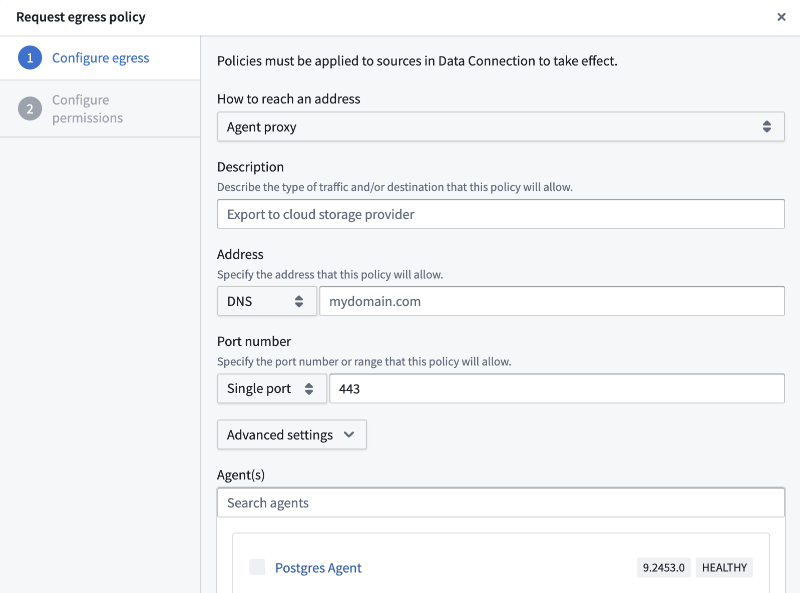 The control panel for Network egress policy with the policy created.