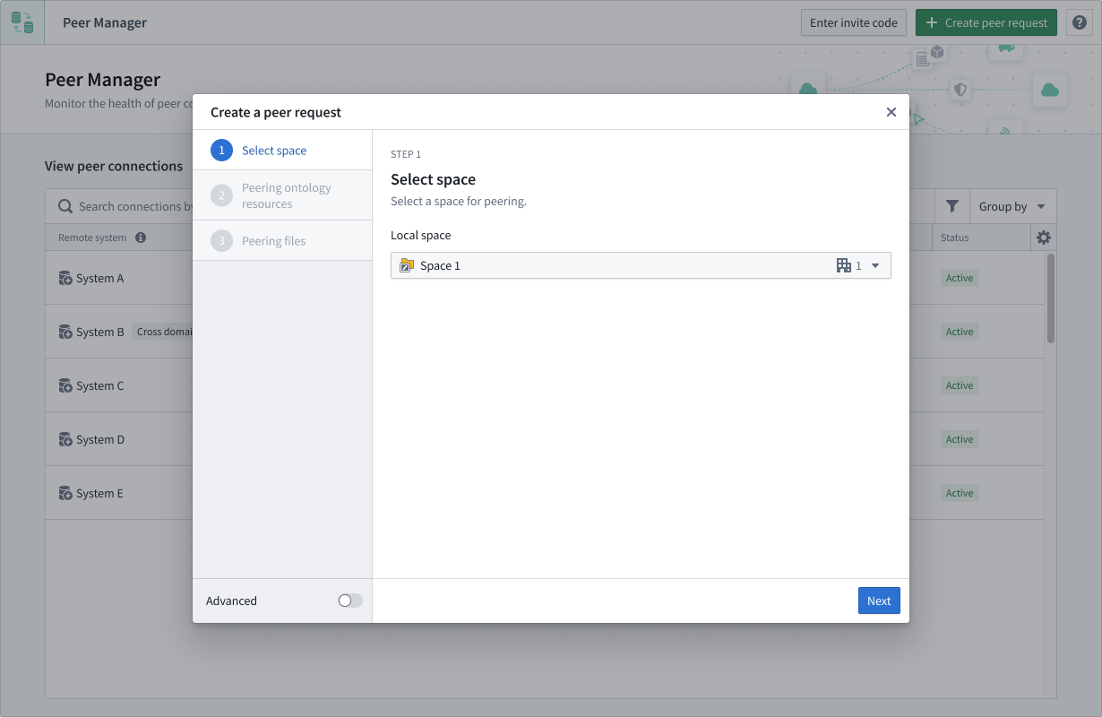 Peering connections' create a request dialog.