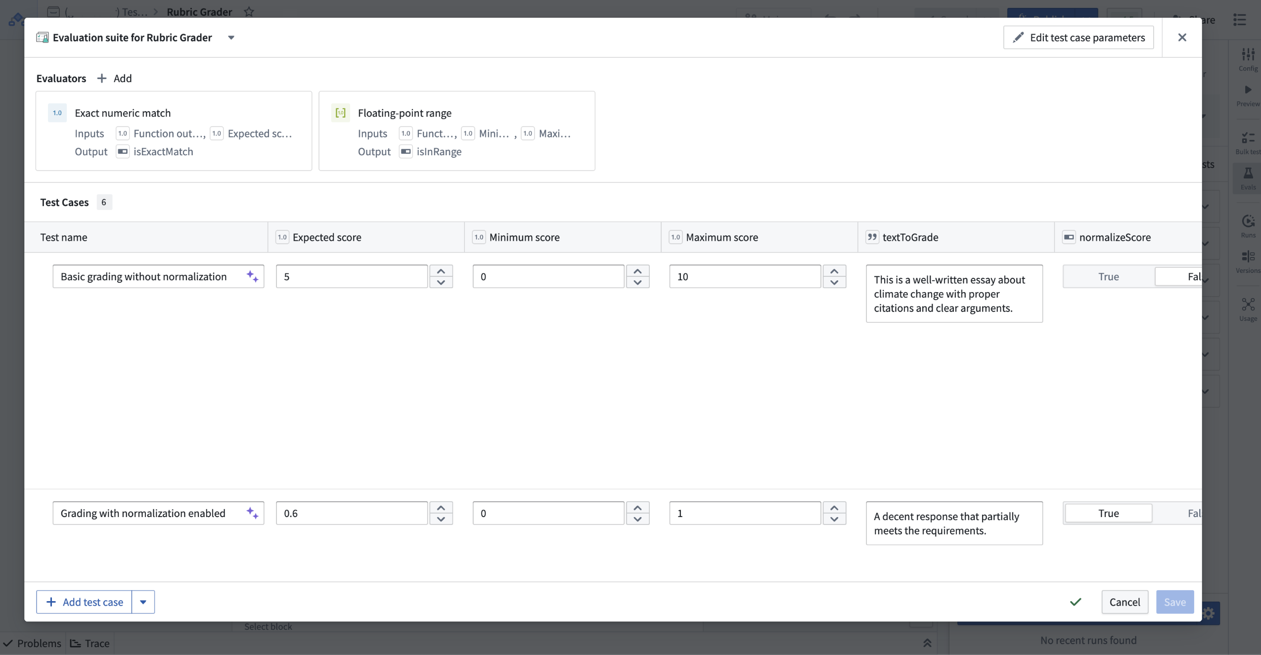 Test cases in an evaluation suite can be edited after generation.