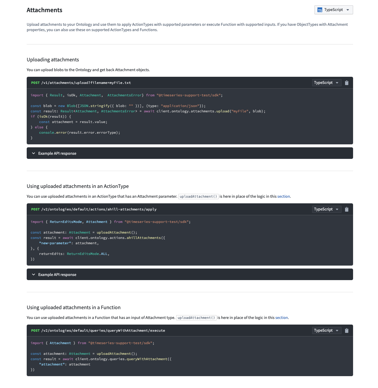 Example of generated documentation for working with attachments through the developer console