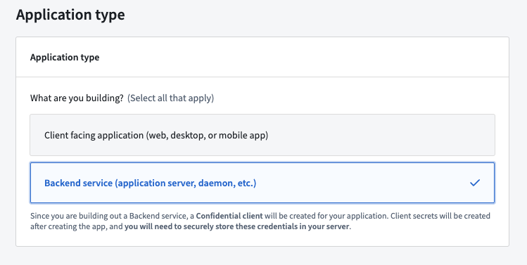The application type selection page with backend service selected.
