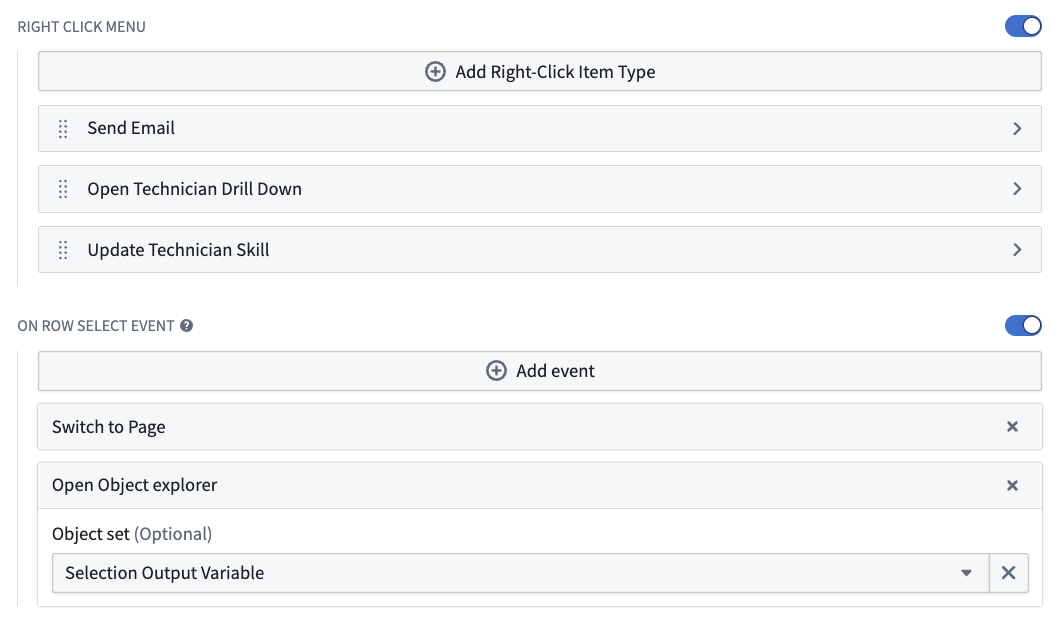 Right click menu and row select event configuration.