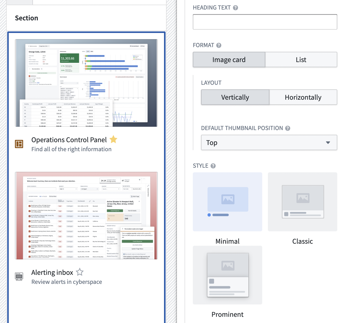 The configuration for minimal display style for image card format