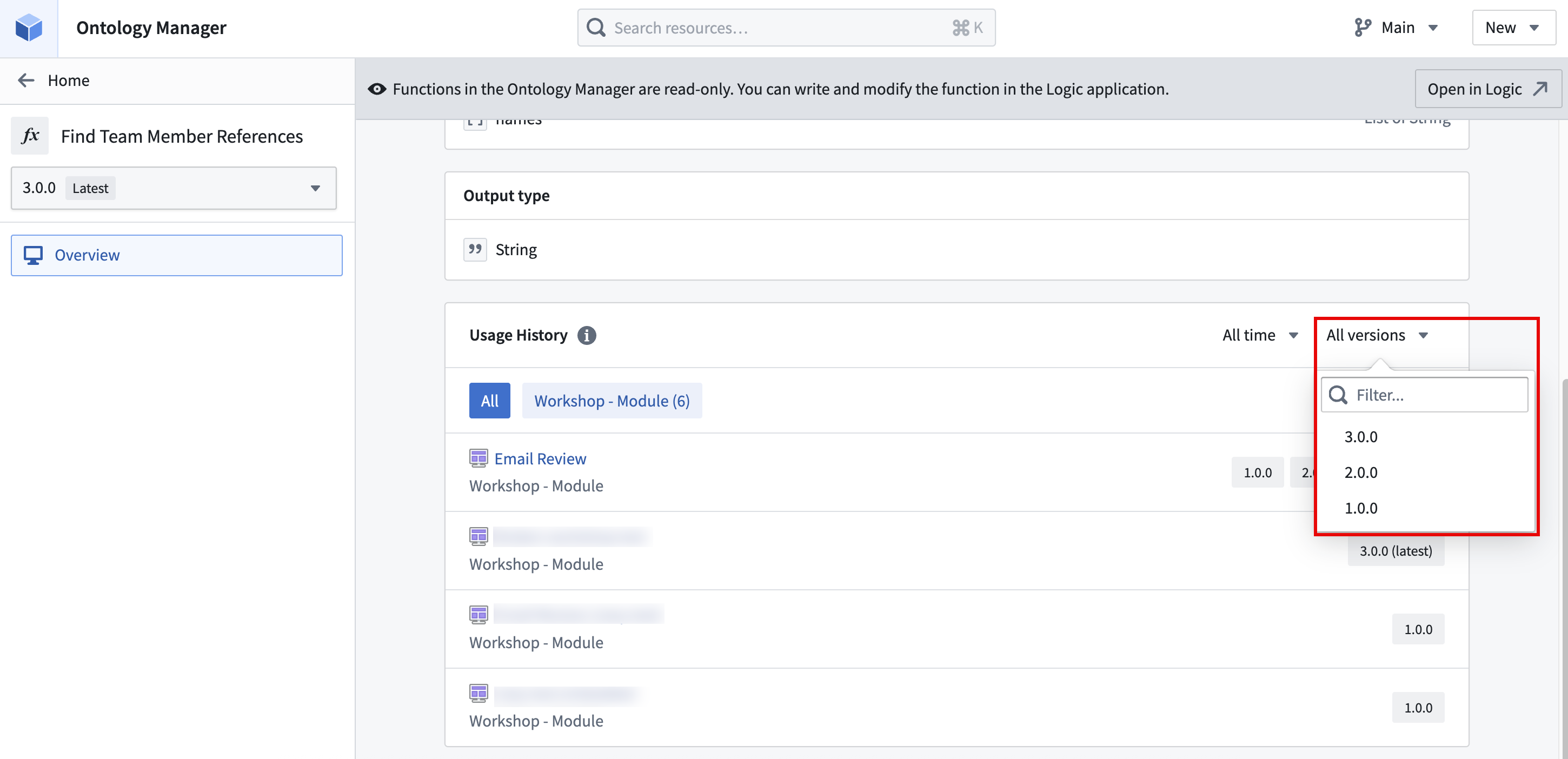 The "Usage history" section in a function overview page.