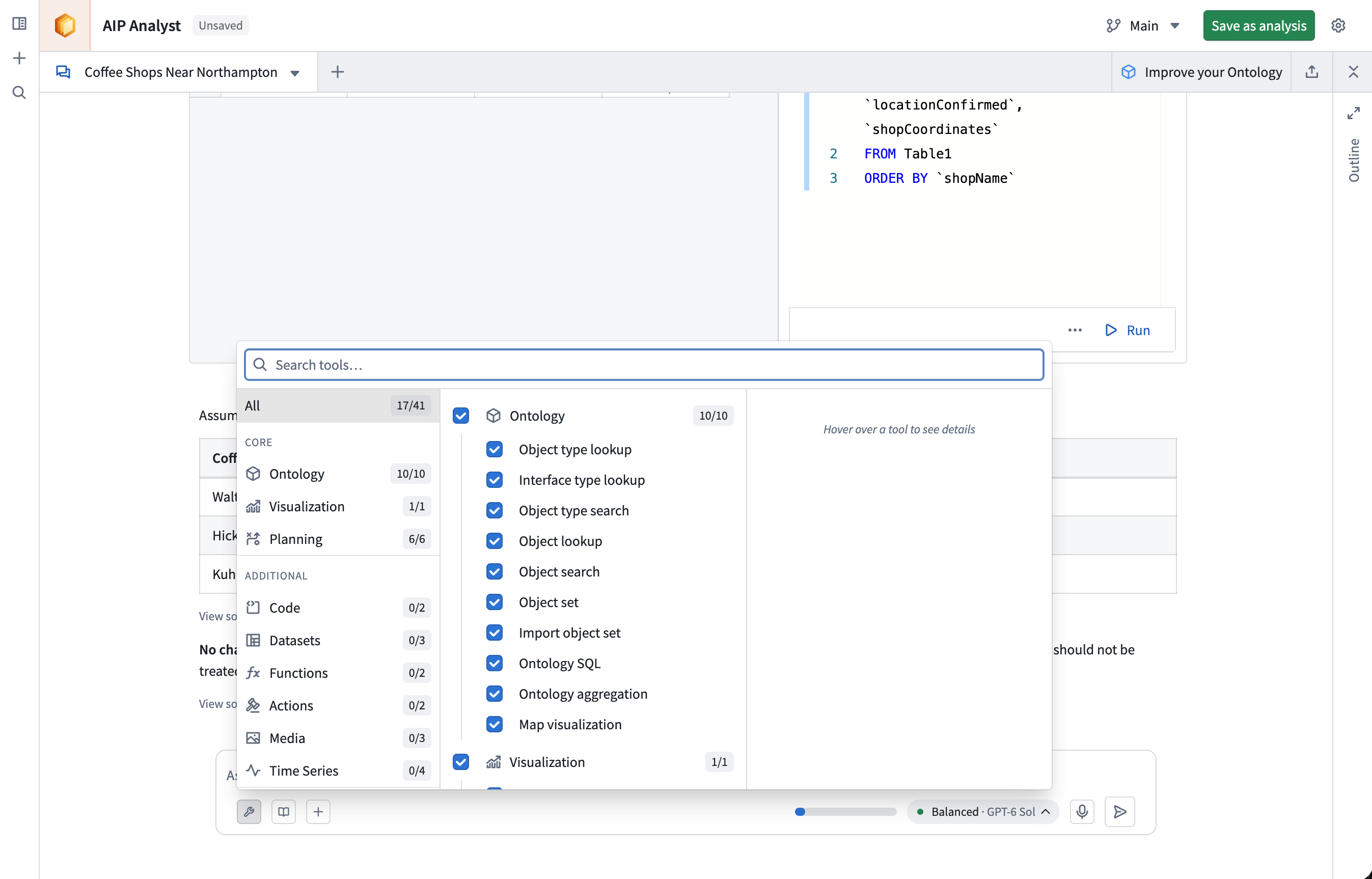 The AIP Analyst tools menu.