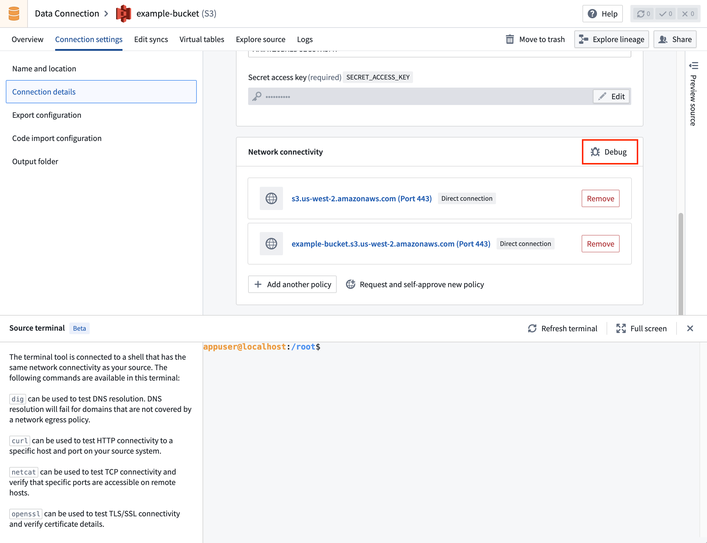 The source terminal is accessible by selecting Debug in the Network connectivity panel under Connection details on the source page.