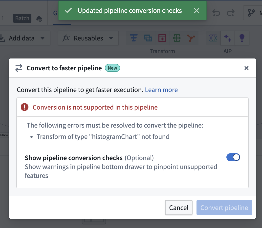 Use the Settings menu to convert an existing pipeline and view incompatible transforms or expressions to resolve.