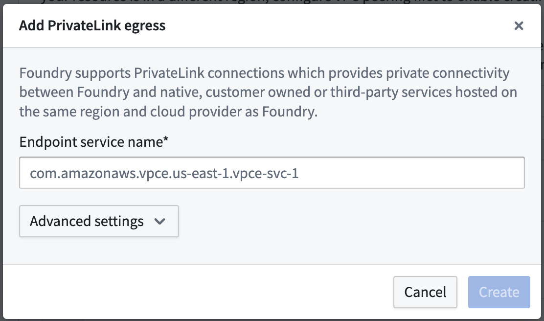 The Control Panel dialog to create a private link.