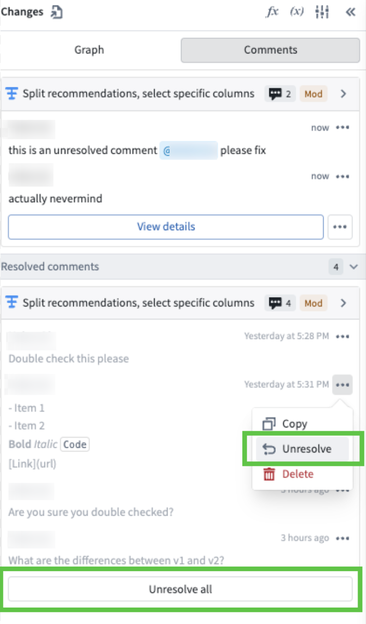 Screenshot of unresolving comments.