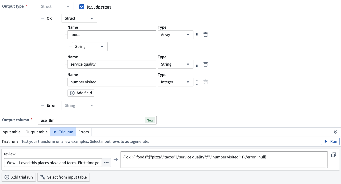 The include error option for use LLM output type