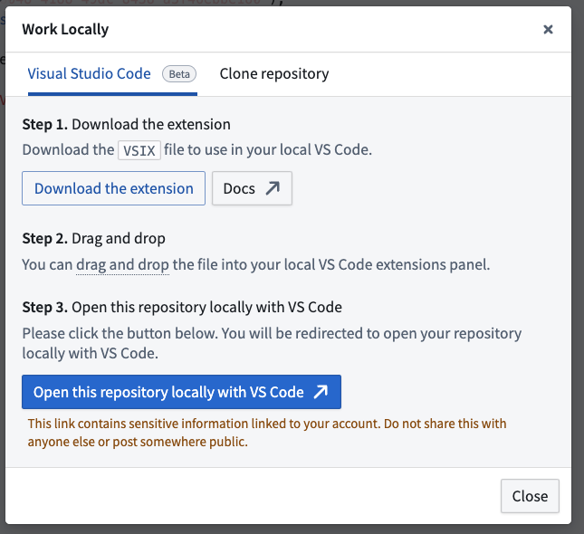 The "Work locally inside Visual Studio Code" dialog.
