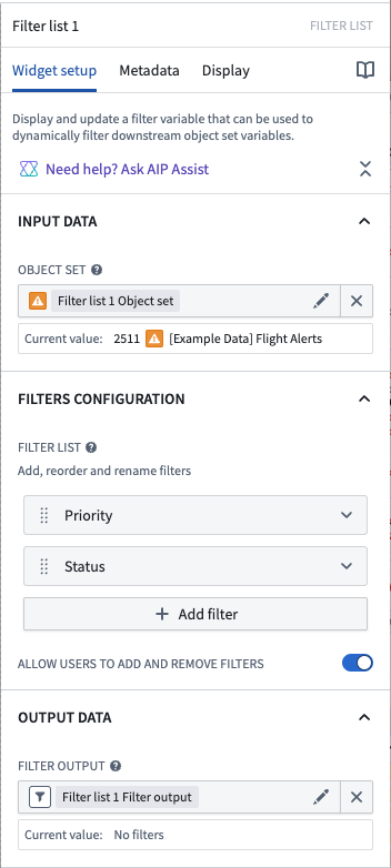 Screenshot of a completed configuration for a Filter List widget