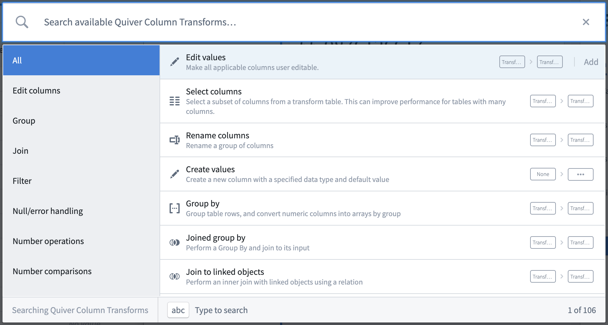 Transform table search window