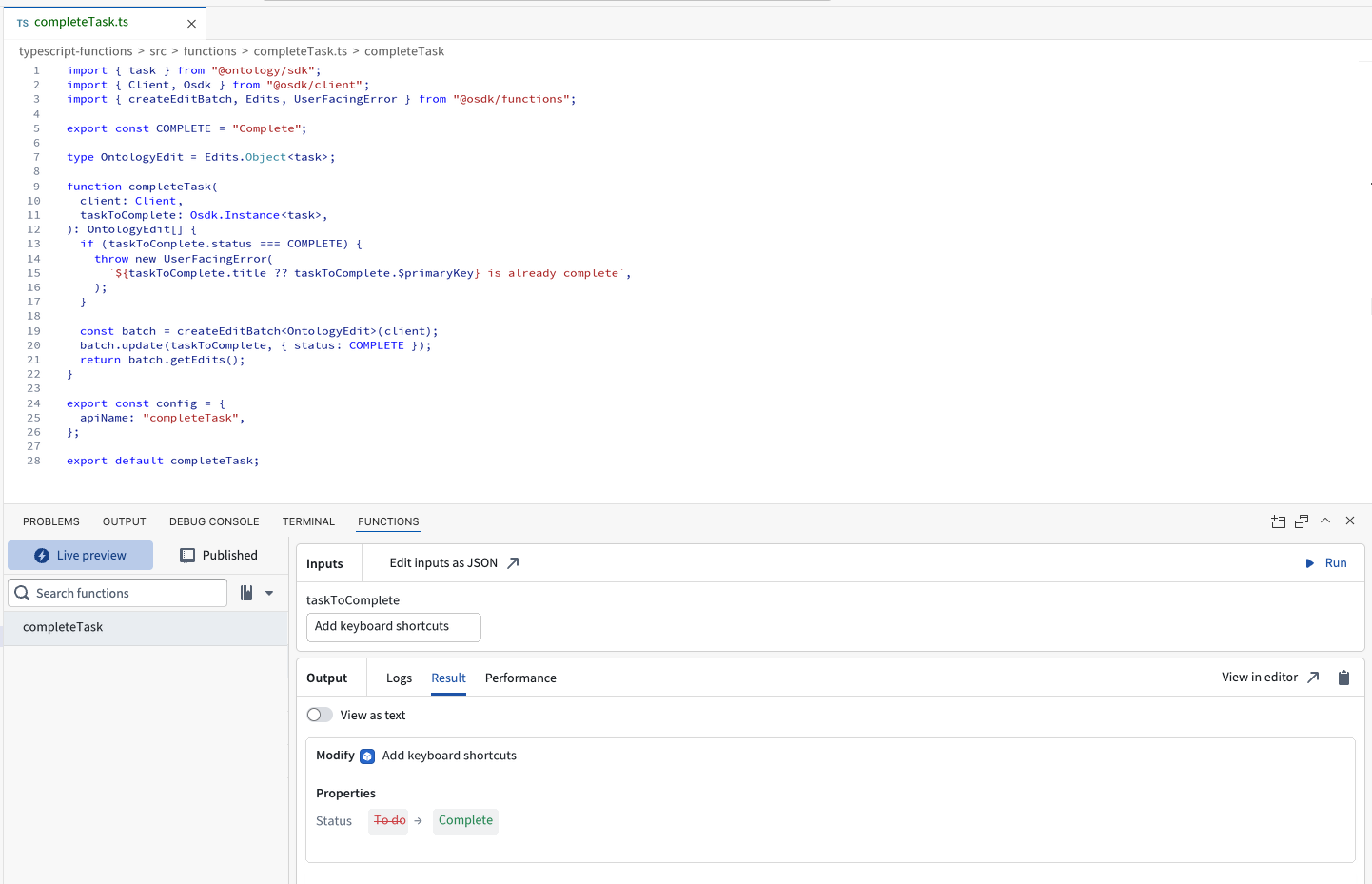 The function preview returning an edit that sets a task's status to Complete.