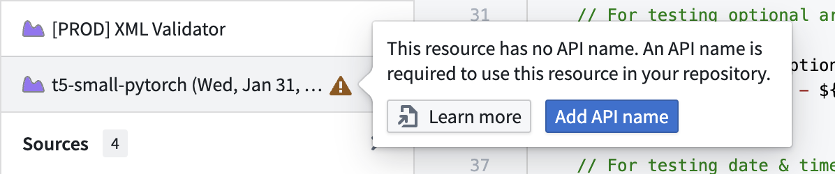 Resource Imports sidebar API name warning