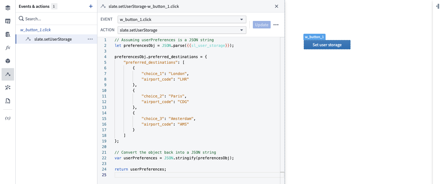 Example of an event that is used to set user preferences in the user storage variable.