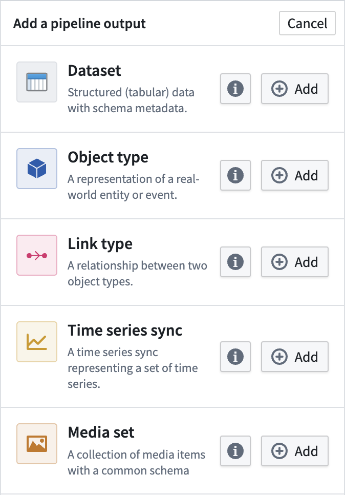 The list of output types in Pipeline Builder.