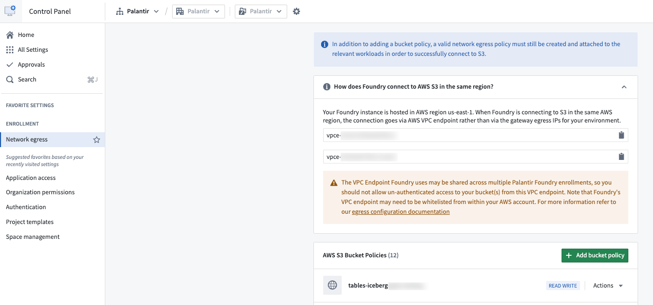 Control Panel configuration page for same region S3 bucket policies.