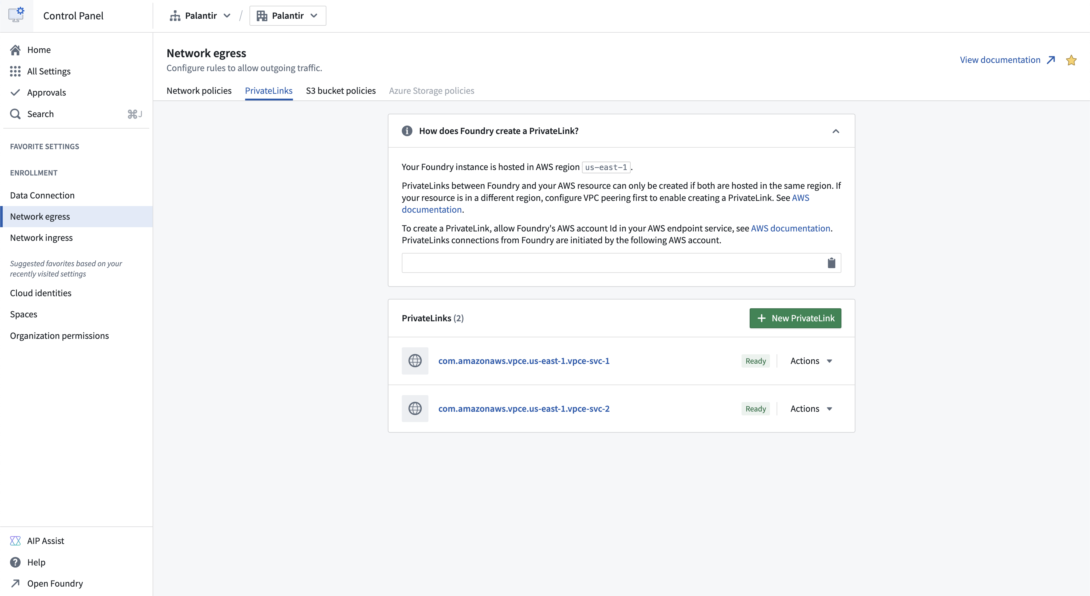 The Control Panel page for managing private links.