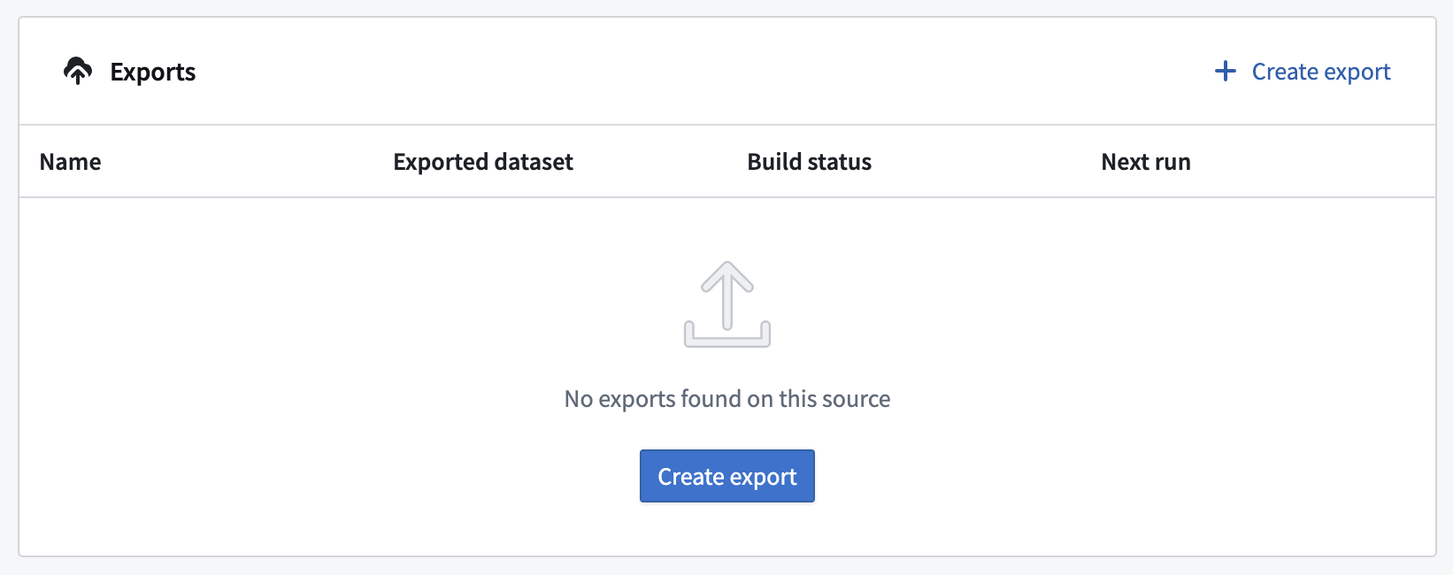 An empty table on a source export page with a blue Create Export button.