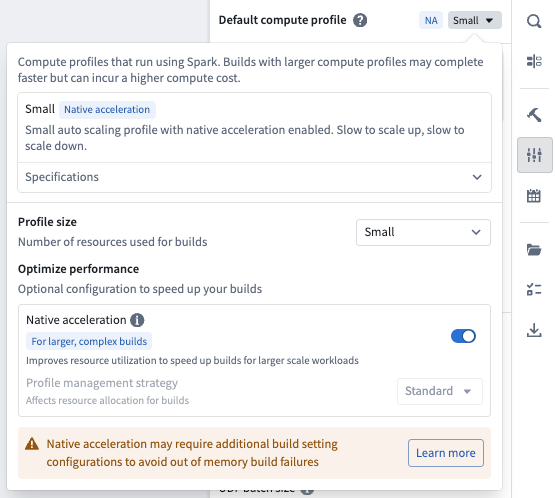 Screenshot of the Build settings dropdown
