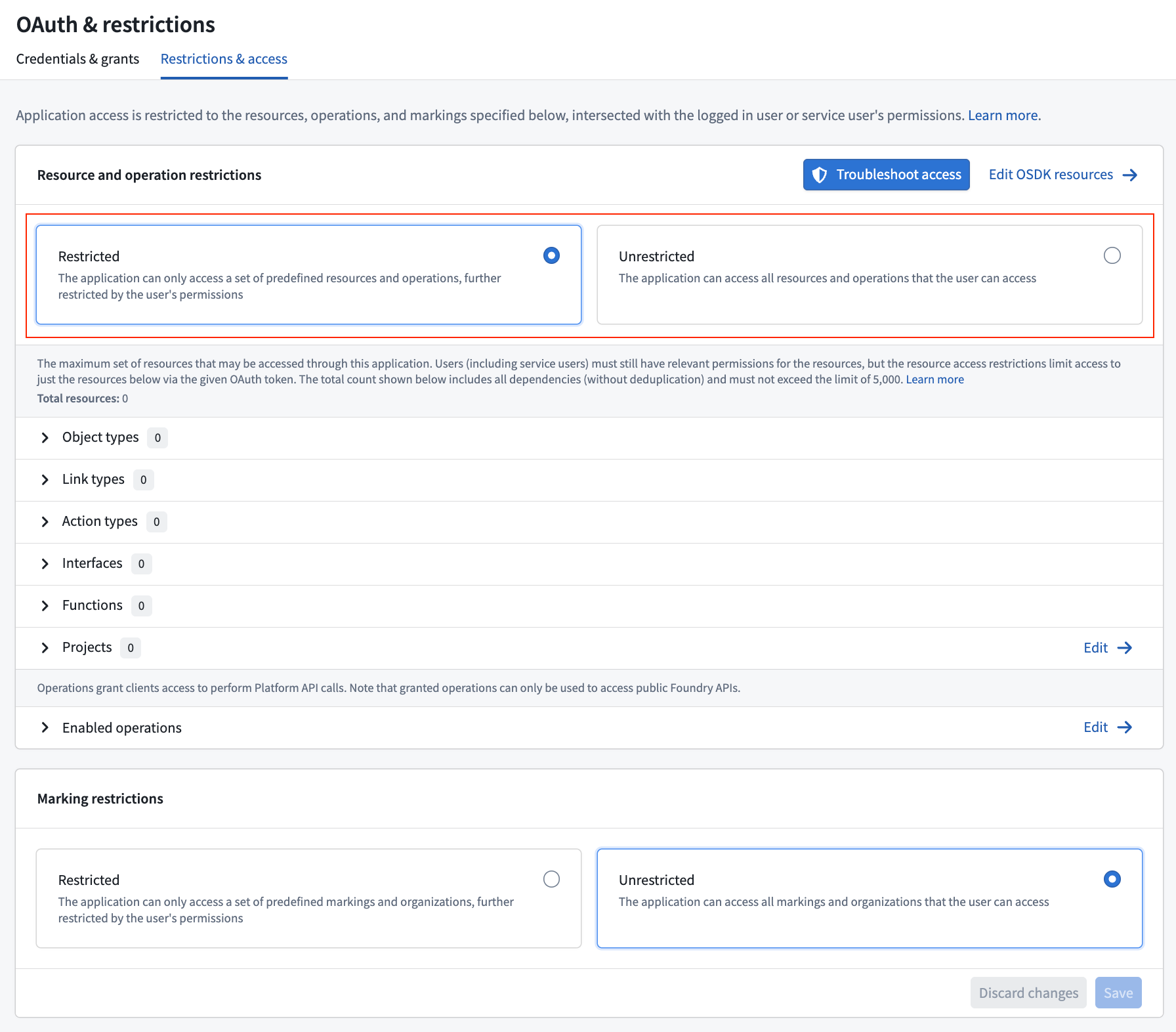The OAuth & restrictions page showing the Application restrictions section with Restricted and Unrestricted options.