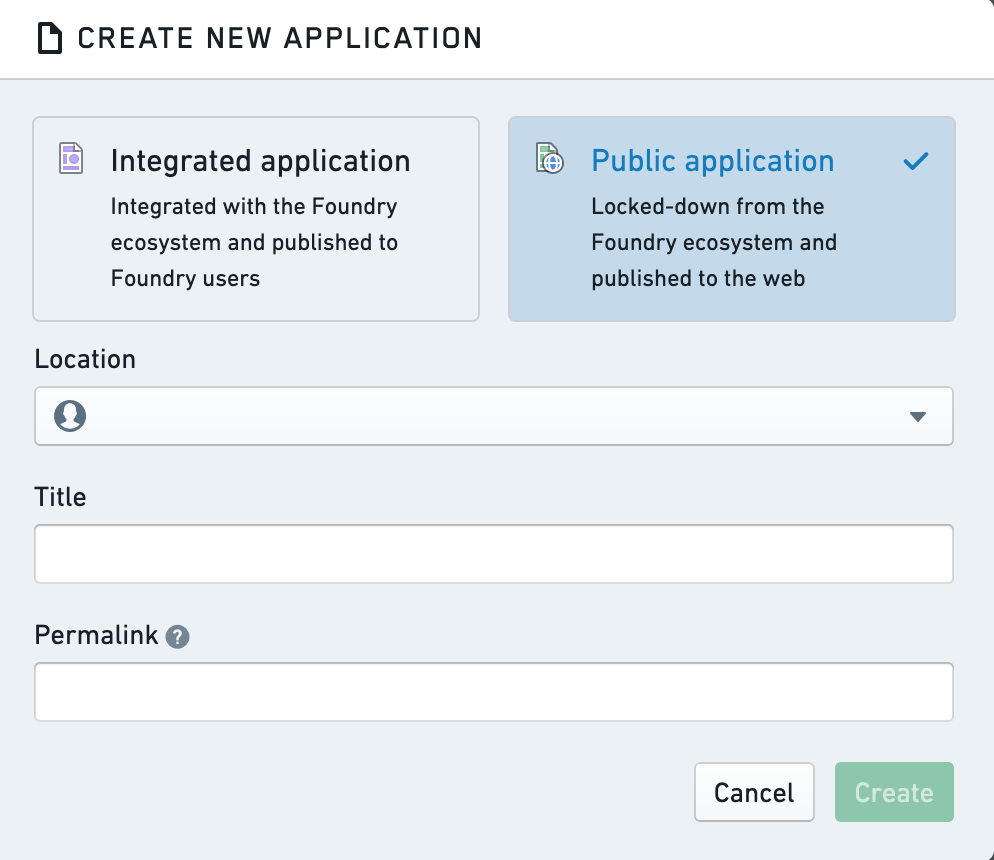 Create new application screen
