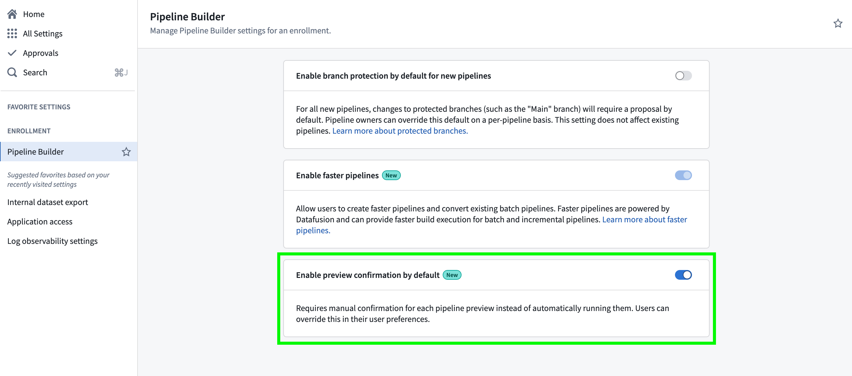 Screenshot of Pipeline Builder's Control Panel settings