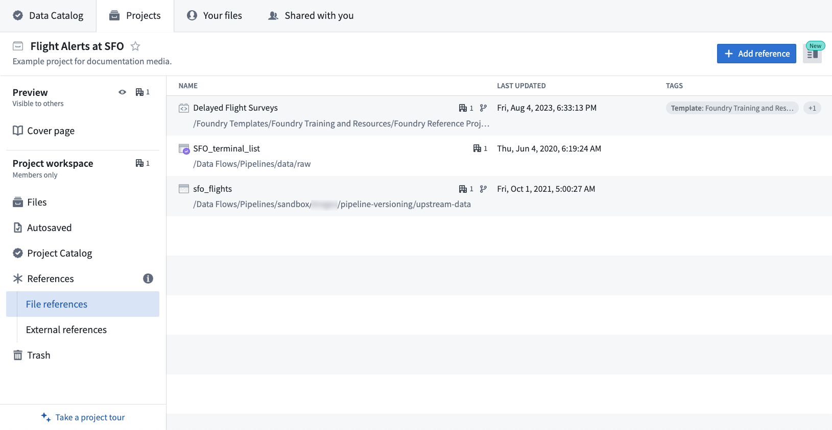 File references view in the Projects tab.
