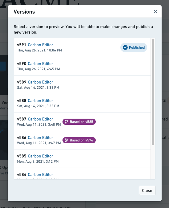 Versions dialog