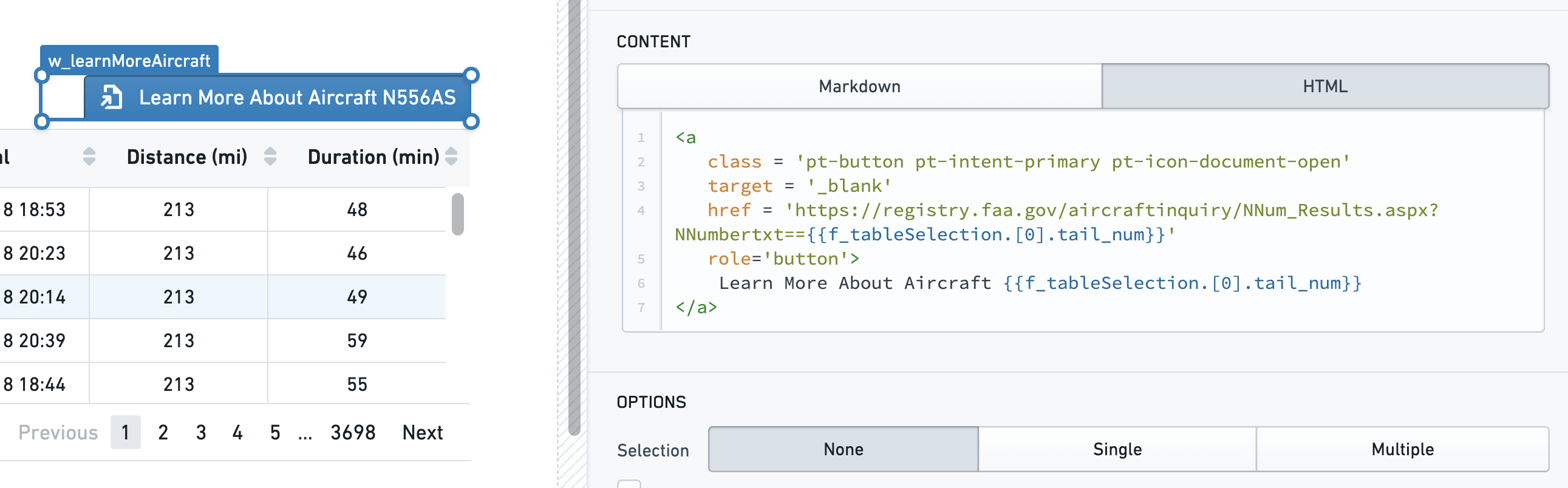 A linking button configured to say `Learn More About Aircraft".
