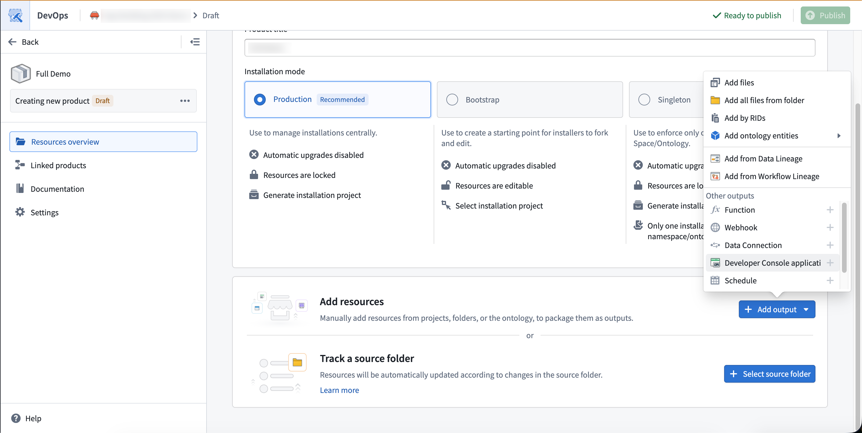 Adding a Developer Console application as an output in DevOps.