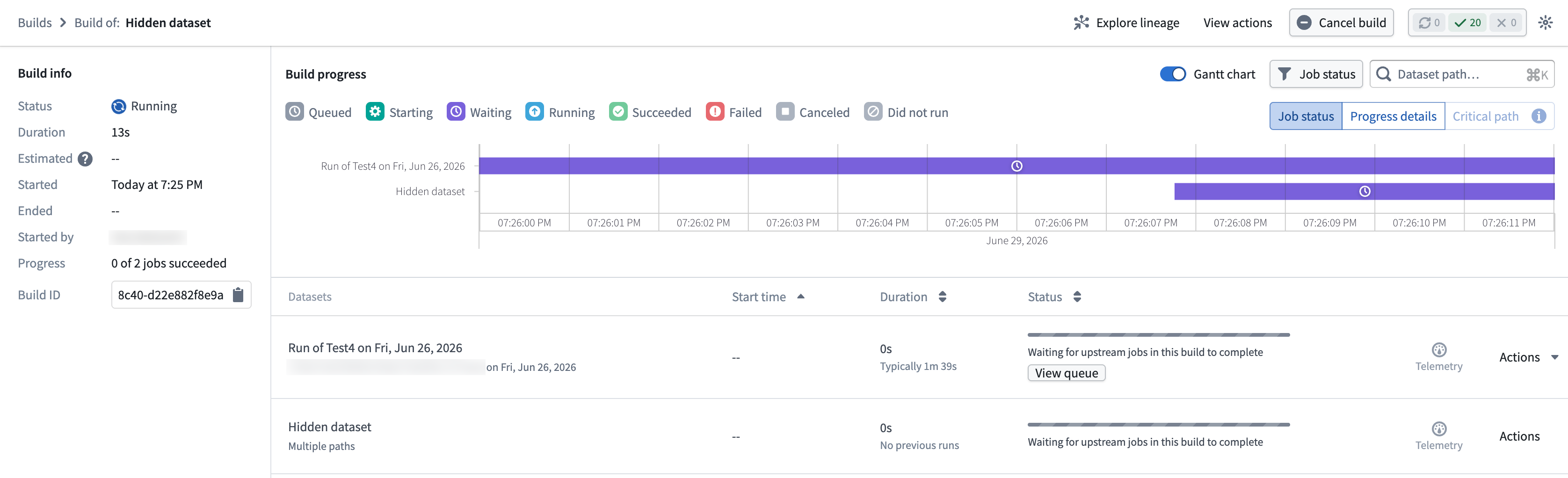 The build report displays the live progress of an evaluation suite build.