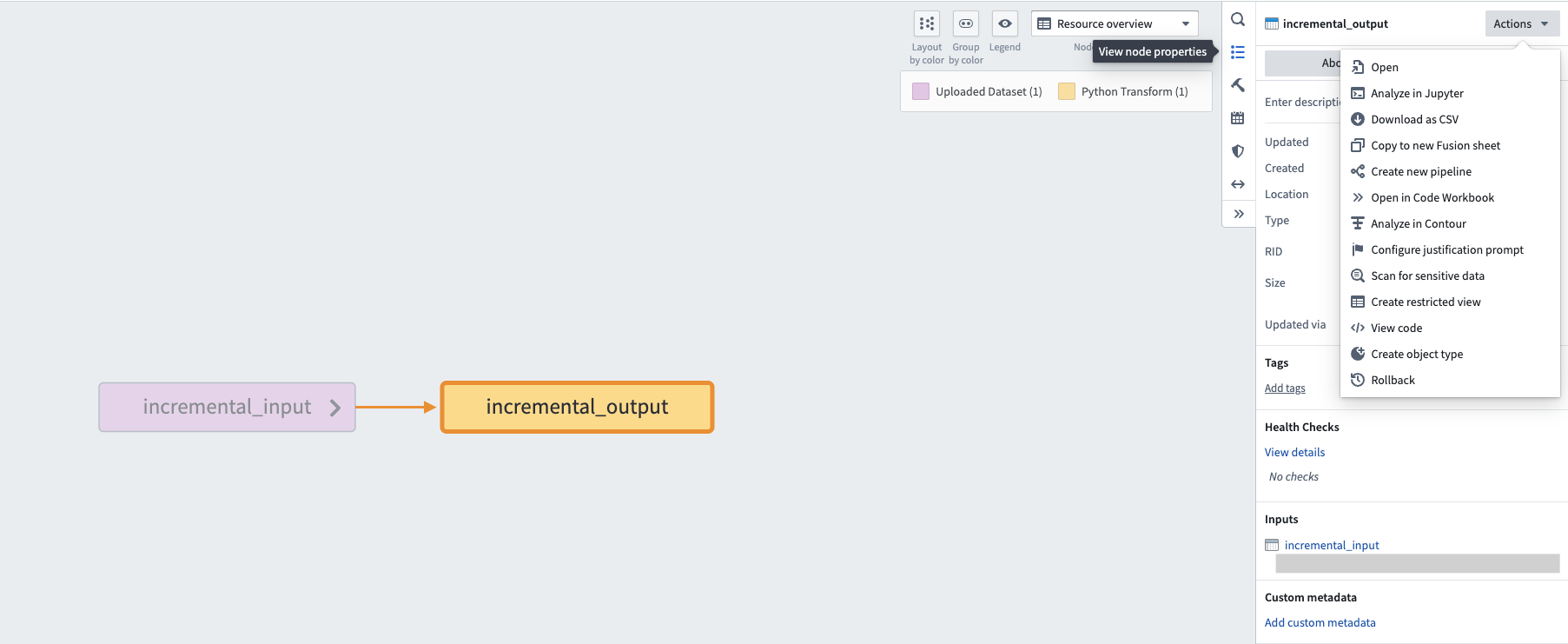 The "View node properties" panel.