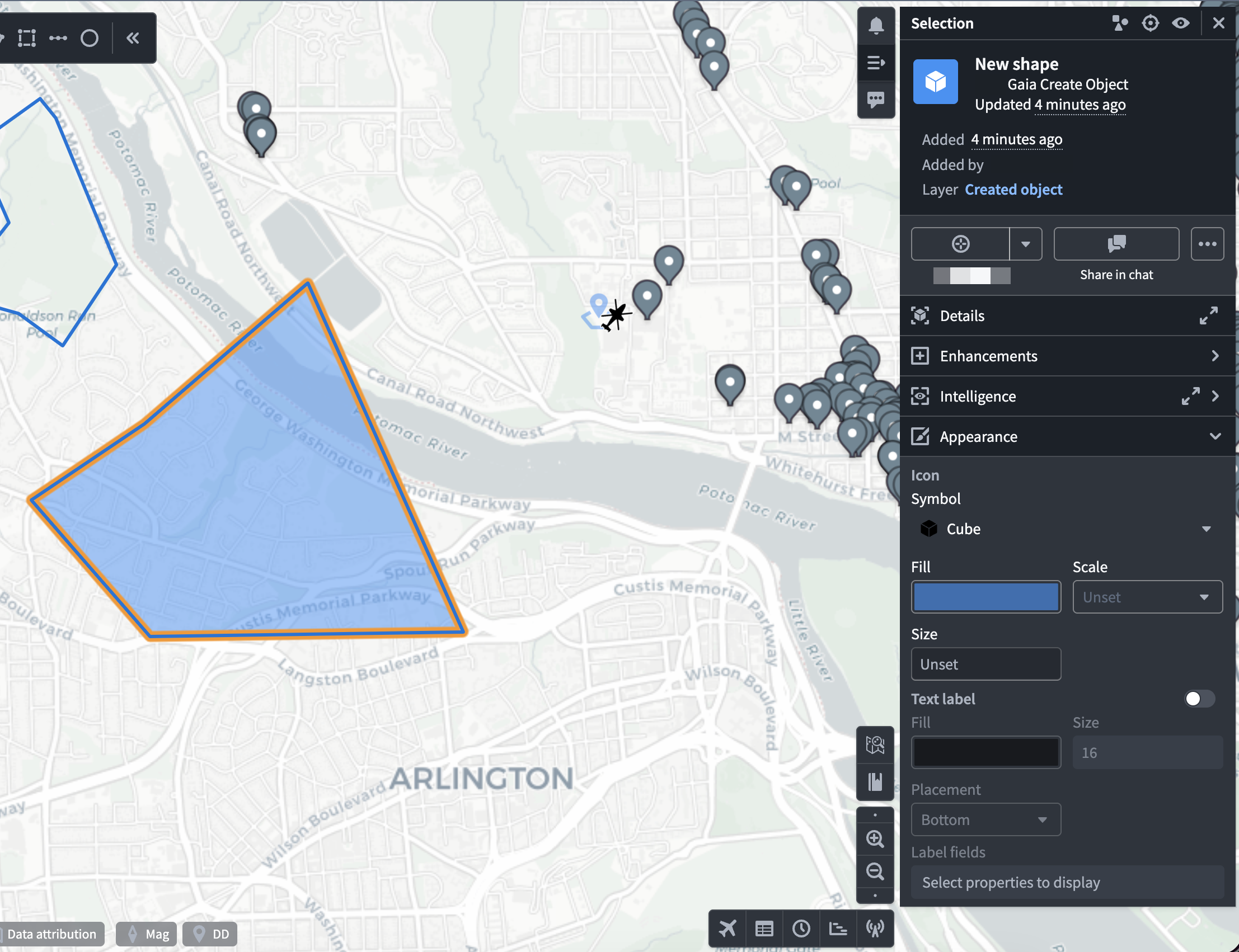 Users can view a shape's object data on a Gaia map after it is drawn.