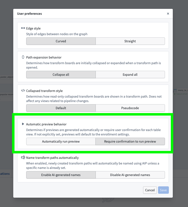 Screenshot of Pipeline Builder's user preferences.