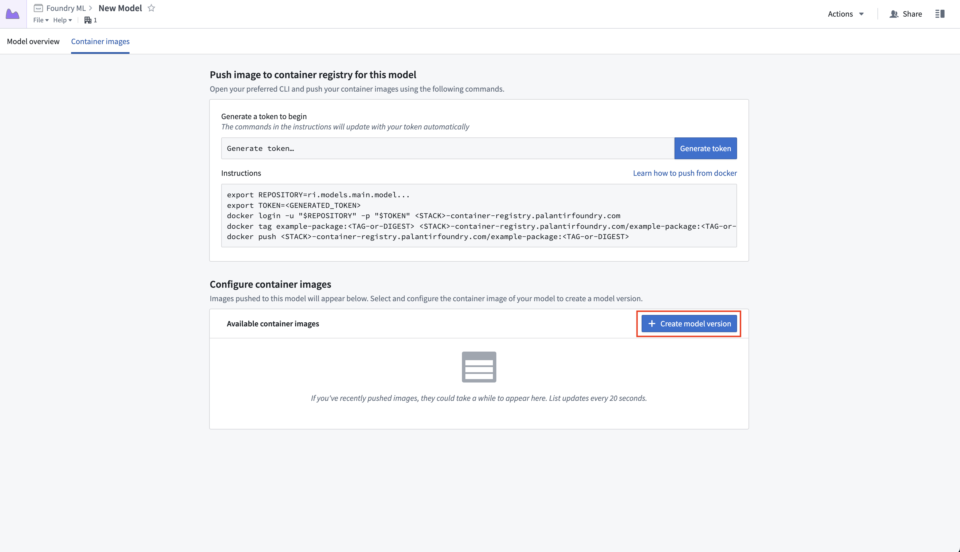 Container images tab, with create model version highlighted