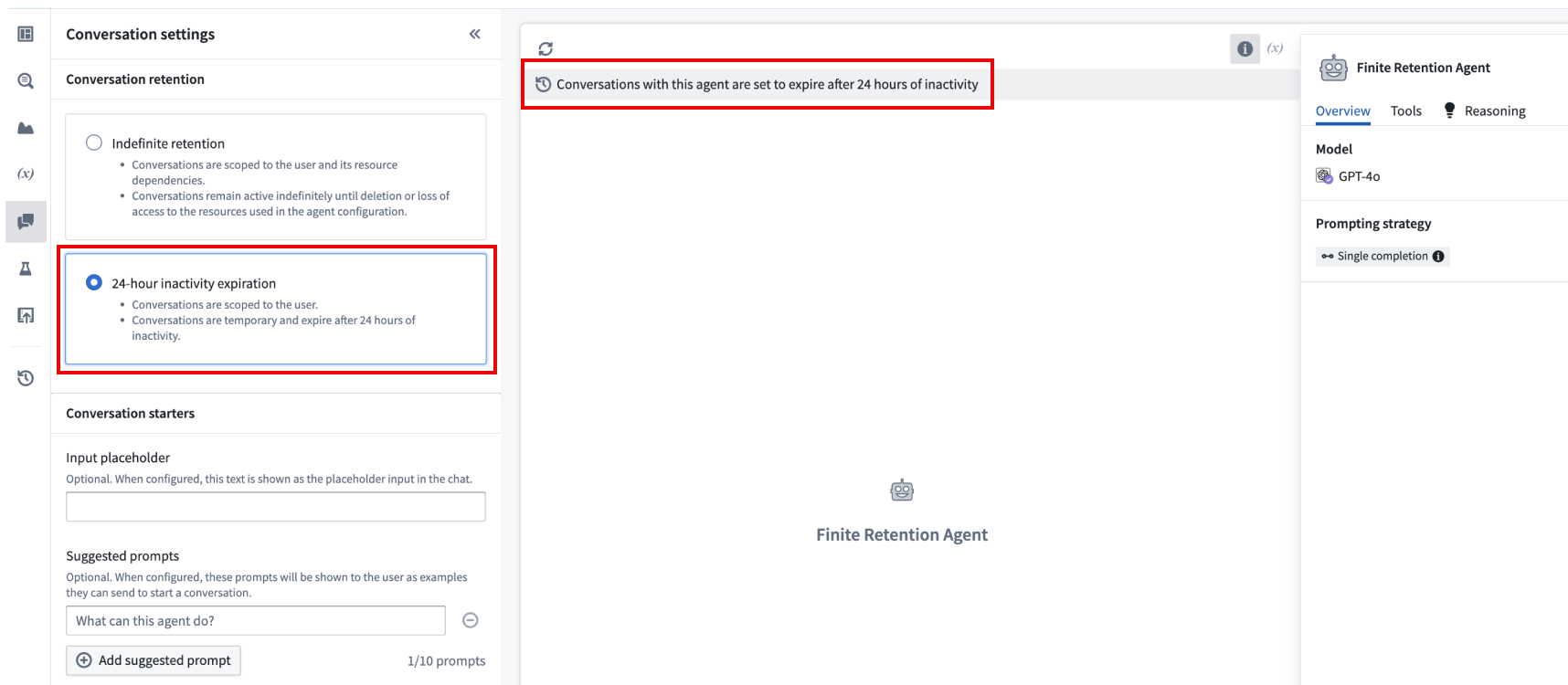An AIP Agent configured with 24-hour retention In AIP Agent Studio.