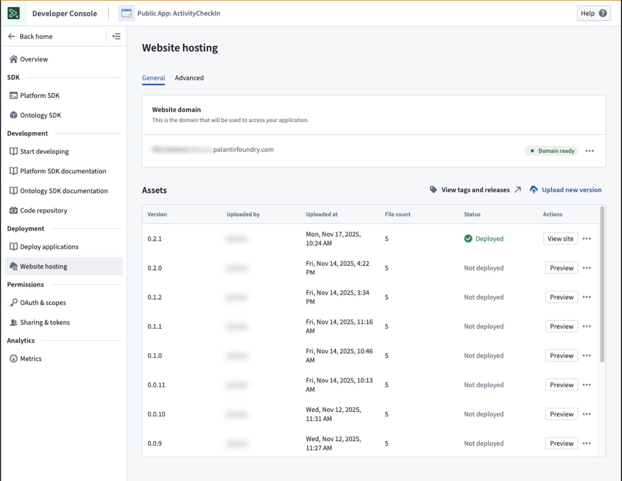 The web hosting page displays deployment options and domain configuration.